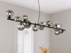 Pendelleuchte RIHA Schwarz 13-flammig mit Glaskugeln Rauchglas, Breite 120cm