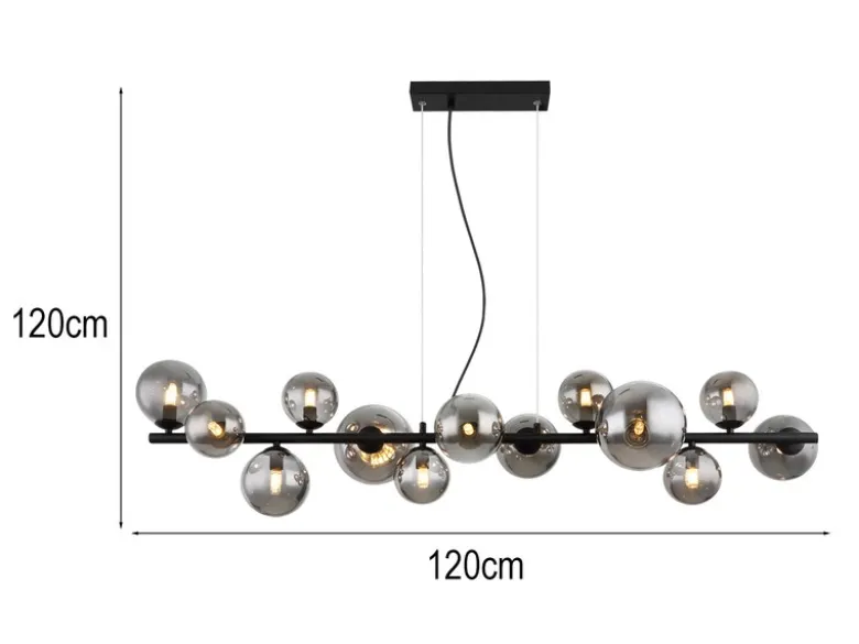 Pendelleuchte RIHA Schwarz 13-flammig mit Glaskugeln Rauchglas, Breite 120cm