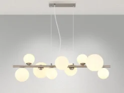Pendelleuchte RIHA Silber 9-flammig mit Glaskugeln Opalglas Weiß, Breite 87cm