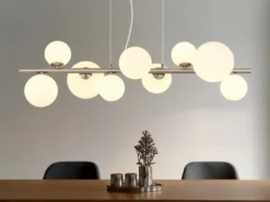 Pendelleuchte RIHA Silber 9-flammig mit Glaskugeln Opalglas Weiß, Breite 87cm