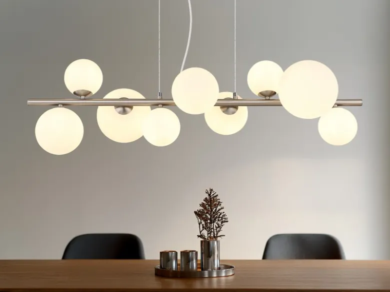 Pendelleuchte RIHA Silber 9-flammig mit Glaskugeln Opalglas Weiß, Breite 87cm