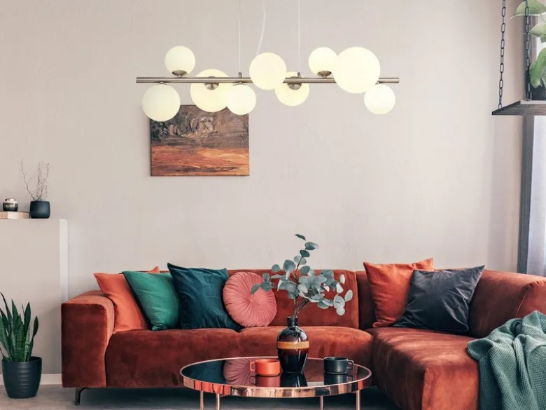 Pendelleuchte RIHA Silber 9-flammig mit Glaskugeln Opalglas Weiß, Breite 87cm