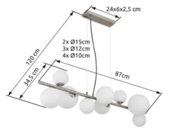 Pendelleuchte RIHA Silber 9-flammig mit Glaskugeln Opalglas Weiß, Breite 87cm