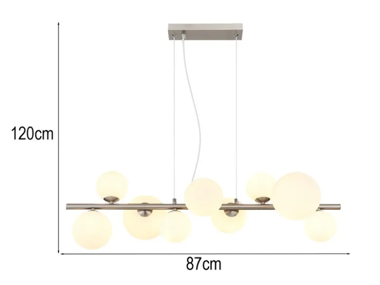 Pendelleuchte RIHA Silber 9-flammig mit Glaskugeln Opalglas Weiß, Breite 87cm