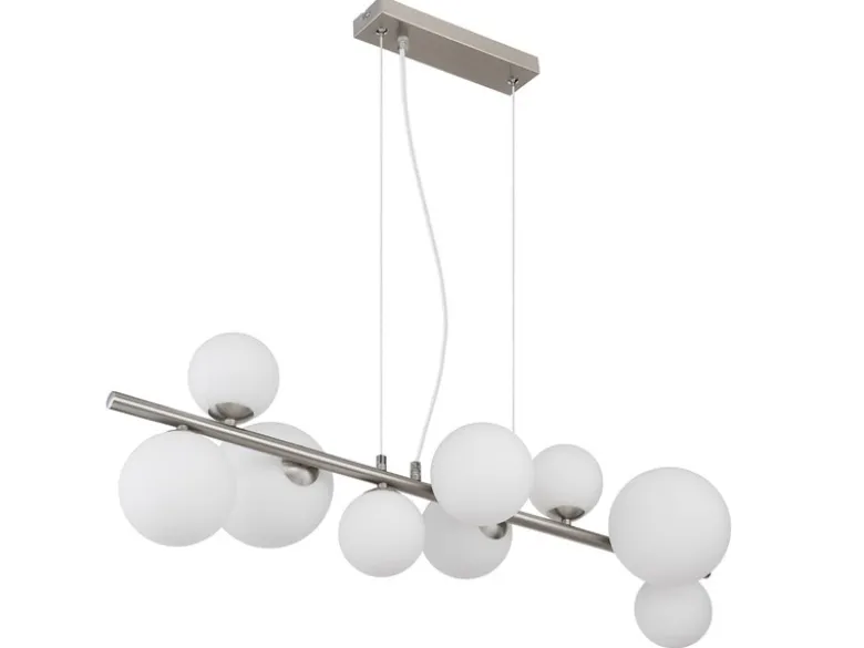 Pendelleuchte RIHA Silber 9-flammig mit Glaskugeln Opalglas Weiß, Breite 87cm