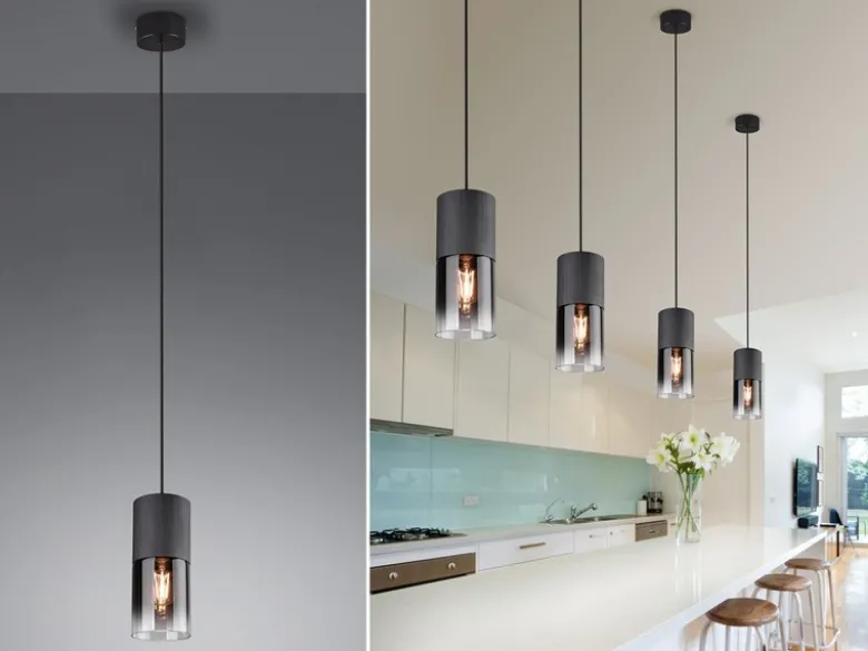 Pendelleuchte ROBIN mit Rauchglas 1-flammig Metall Schwarz, Ø 10cm