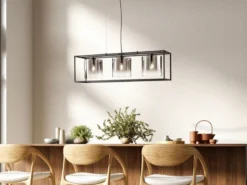 Pendelleuchte SAMU 3-flammig Schwarz mit Rauchglas, Breite 90cm
