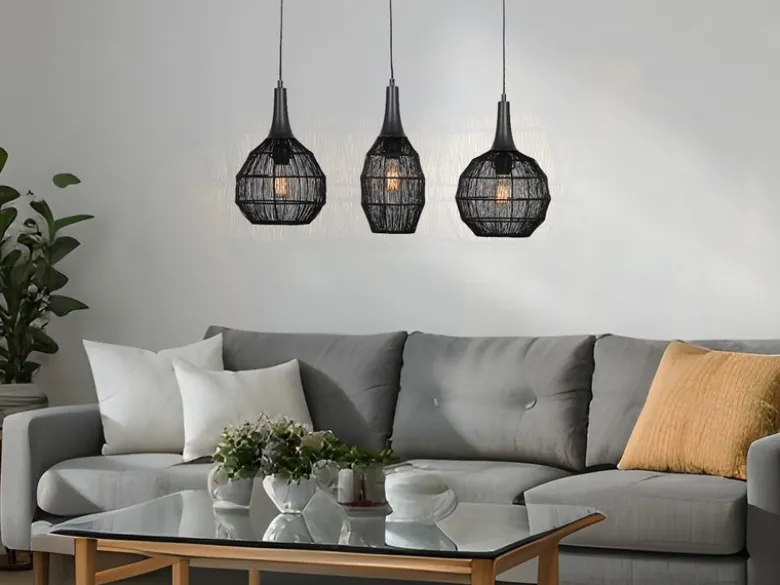 Pendelleuchte SORAYA 3-flammig mit Drahtgeflecht Schwarz, Breite 86cm