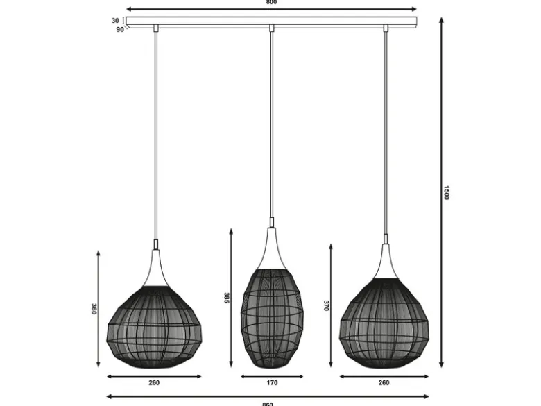 Pendelleuchte SORAYA 3-flammig mit Drahtgeflecht Schwarz, Breite 86cm