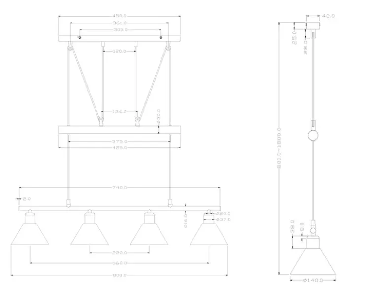 Pendelleuchte STAMINA mit Glas 4-flammig höhenverstellbar 80-180cm, B:80cm