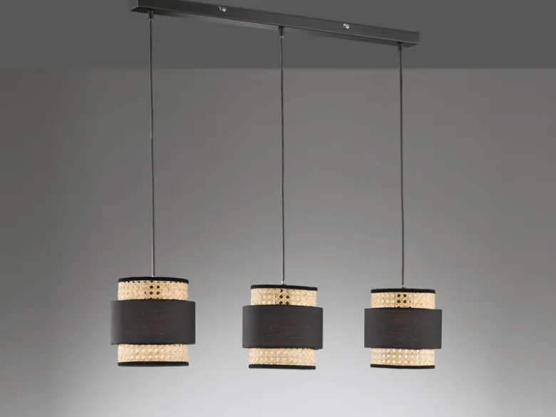 Pendelleuchte TAPE 3-flammig, Rattan Lampenschirme mit Stoff, Breite 74cm