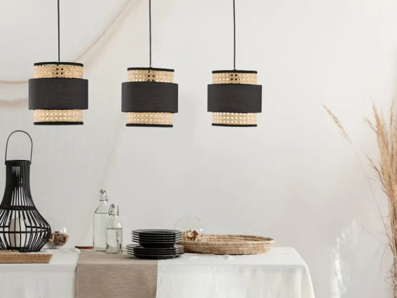Pendelleuchte TAPE 3-flammig, Rattan Lampenschirme mit Stoff, Breite 74cm