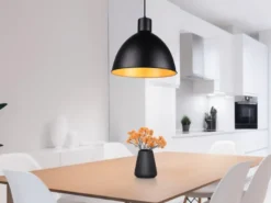 Pendelleuchte TELME Metall Lampenschirm Schwarz Gold, Ø 30cm