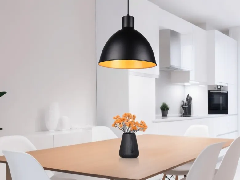 Pendelleuchte TELME Metall Lampenschirm Schwarz Gold, Ø 30cm