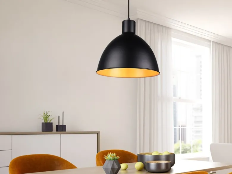 Pendelleuchte TELME Metall Lampenschirm Schwarz Gold, Ø 30cm