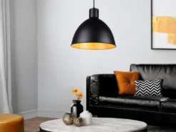Pendelleuchte TELME Metall Lampenschirm Schwarz Gold, Ø 30cm