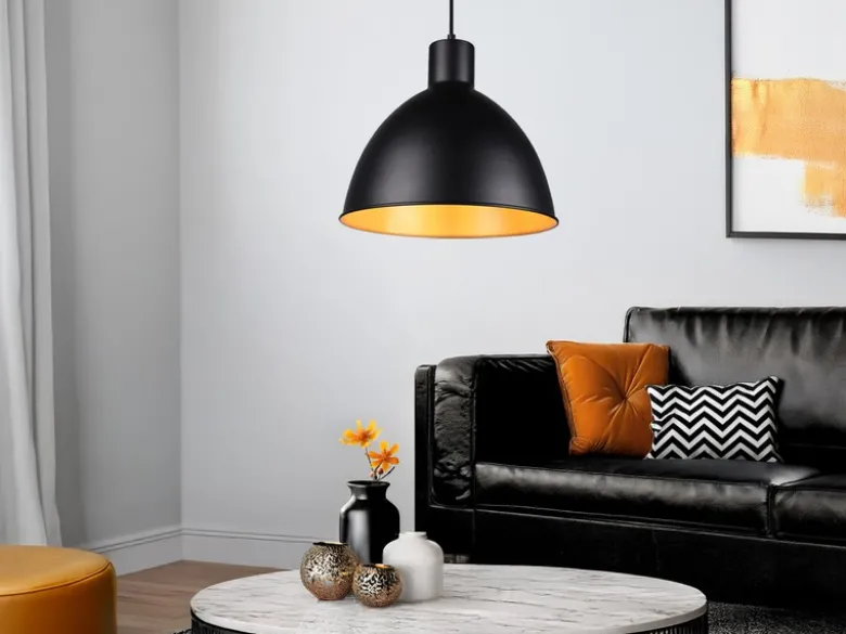 Pendelleuchte TELME Metall Lampenschirm Schwarz Gold, Ø 30cm