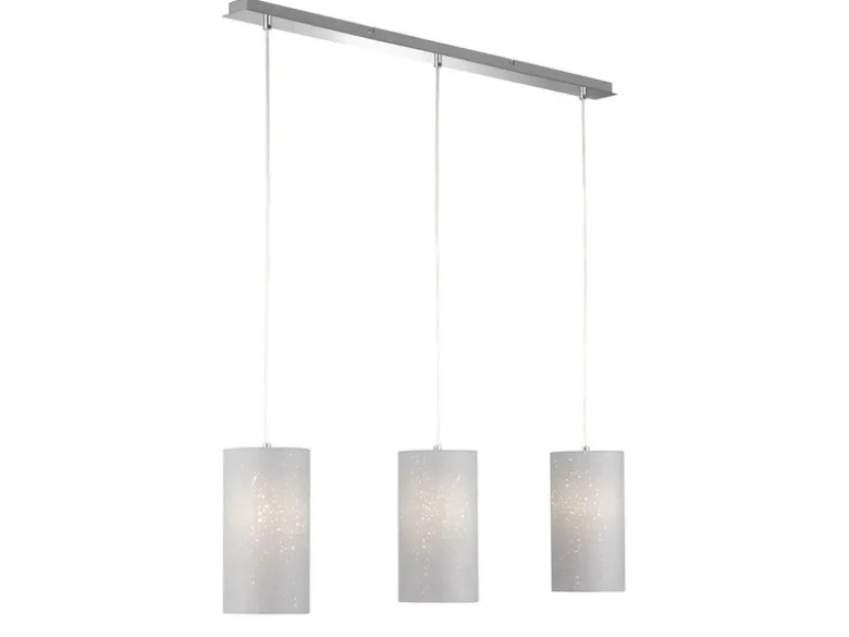 Pendelleuchte THOR 3 flammig mit Dekor Stoffschirmen Zylinder Grau, Breite 110cm
