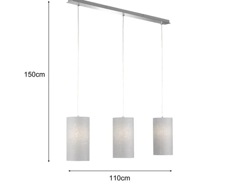 Pendelleuchte THOR 3 flammig mit Dekor Stoffschirmen Zylinder Grau, Breite 110cm