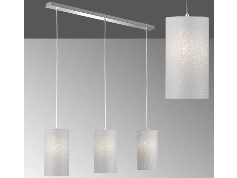 Pendelleuchte THOR 3 flammig mit Dekor Stoffschirmen Zylinder Grau, Breite 110cm