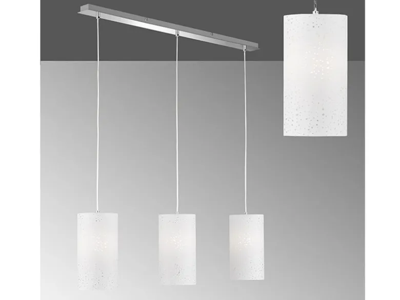 Pendelleuchte THOR 3 flammig mit Dekor Stoffschirmen Zylinder Weiß, Breite 110cm