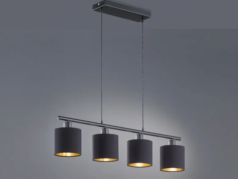 Pendelleuchte TOMMY 4-flammig Stoff Lampenschirme Schwarz Gold, Breite 75cm