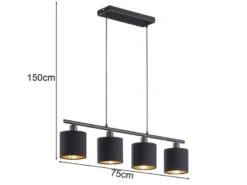 Pendelleuchte TOMMY 4-flammig Stoff Lampenschirme Schwarz Gold, Breite 75cm