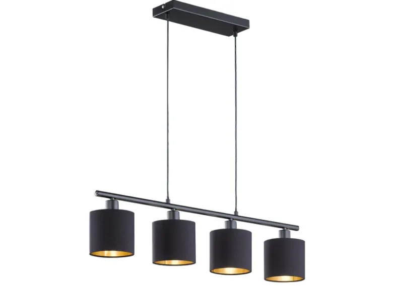 Pendelleuchte TOMMY 4-flammig Stoff Lampenschirme Schwarz Gold, Breite 75cm