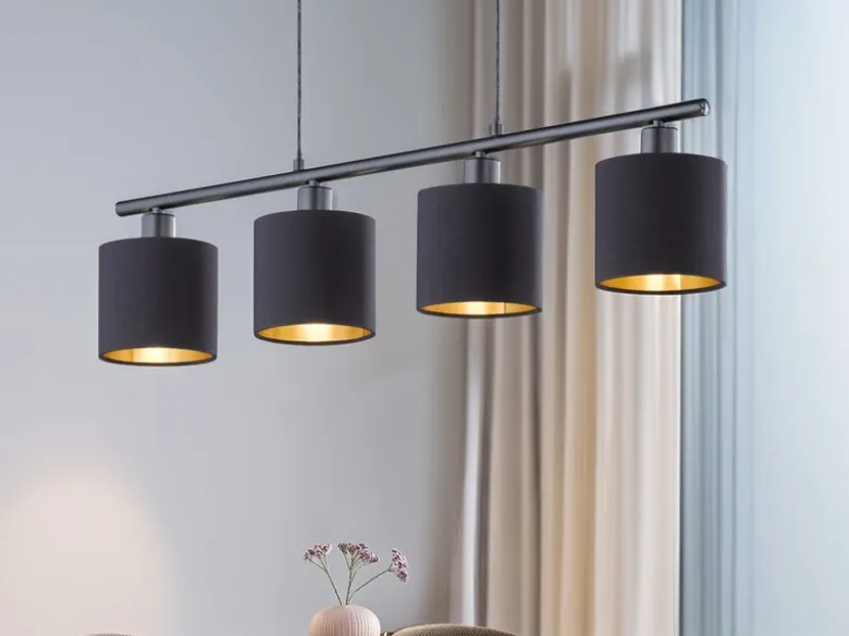 Pendelleuchte TOMMY 4-flammig Stoff Lampenschirme Schwarz Gold, Breite 75cm
