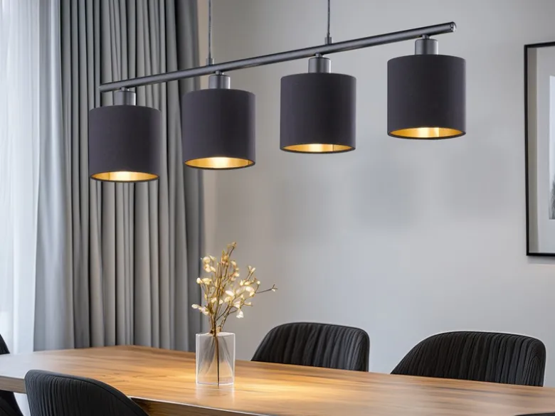 Pendelleuchte TOMMY 4-flammig Stoff Lampenschirme Schwarz Gold, Breite 75cm