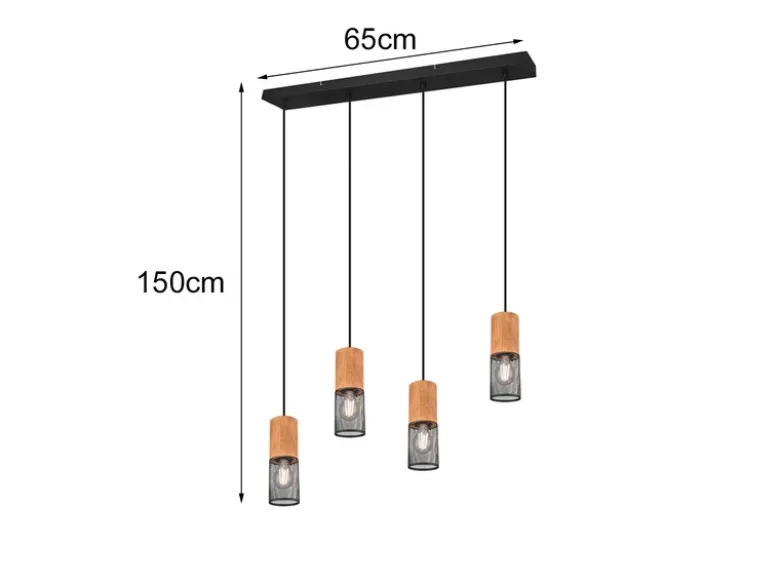 Pendelleuchte TOSH 4 Draht Lampenschirme Schwarz & Holz, Breite 65cm