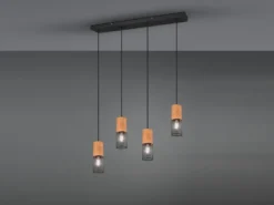 Pendelleuchte TOSH 4 Draht Lampenschirme Schwarz & Holz, Breite 65cm
