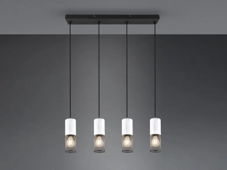 Pendelleuchte TOSH 4-flammig mit Holz Weiß und Drahtgeflecht, Breite 65cm