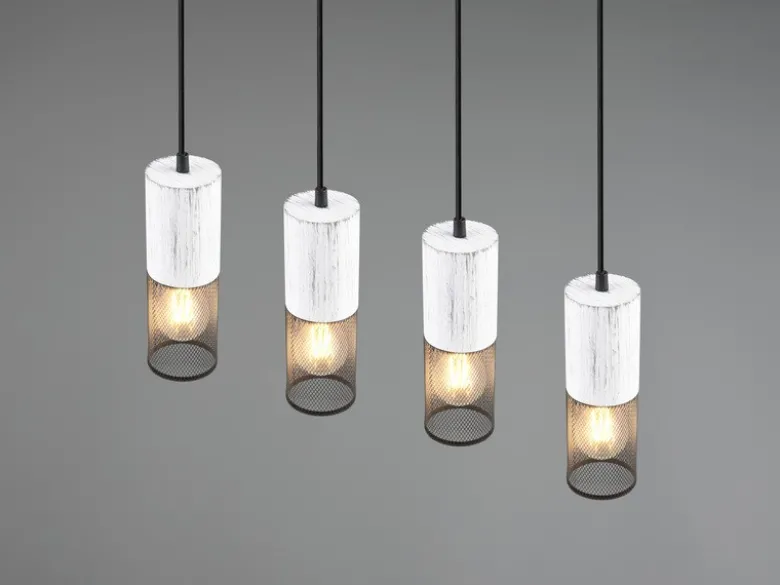Pendelleuchte TOSH 4-flammig mit Holz Weiß und Drahtgeflecht, Breite 65cm
