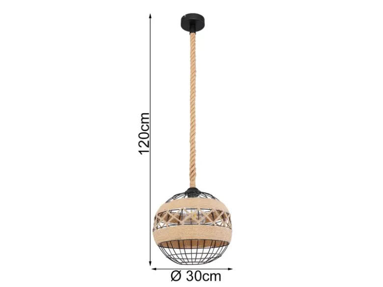 Pendelleuchte ULLEU mit Hanfseil und Drahtkugel Schwarz, Ø 30cm