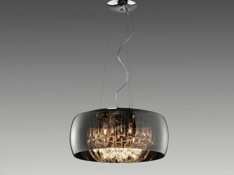 Pendelleuchte VAPORE mit Glas Chrom in Rauchglas Optik & Kristallbehang Ø 50cm