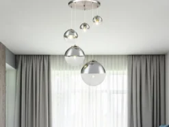 Pendelleuchte VARUS 5-flammig Glaskugeln Design in Chrom & Klarglas, Ø 65cm