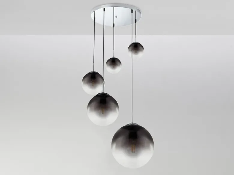 Pendelleuchte VARUS 5-flammig mit Glaskugeln aus Rauchglas, Ø 65cm