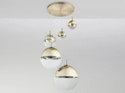 Pendelleuchte VARUS 5-flammig Glaskugeln Design in Gold & Klarglas, Ø 65cm