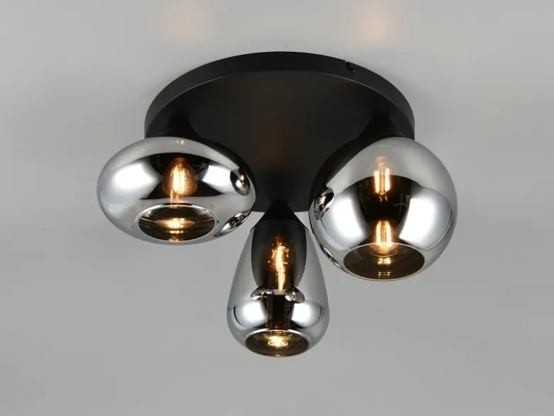 Retro Deckenleuchte LUMINA mit 3 Glasschirmen in Chrom Ø 48,5cm