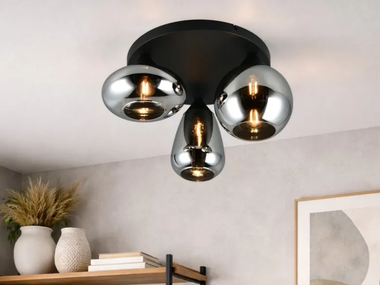 Retro Deckenleuchte LUMINA mit 3 Glasschirmen in Chrom Ø 48,5cm