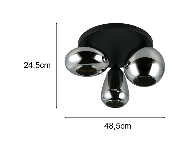 Retro Deckenleuchte LUMINA mit 3 Glasschirmen in Chrom Ø 48,5cm
