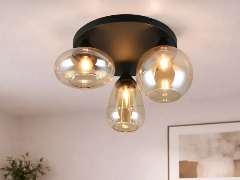 Retro Deckenleuchte LUMINA mit 3 Glasschirmen Amberfarbig Ø 48,5cm