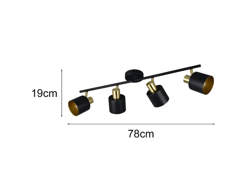 Retro Deckenstrahler EVA 4-flammig aus Metall Schwarz Gold, Breite 78cm