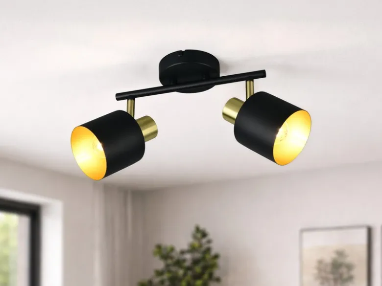 Retro Deckenstrahler EVA 2-flammig aus Metall Schwarz Gold, Breite 36,5cm