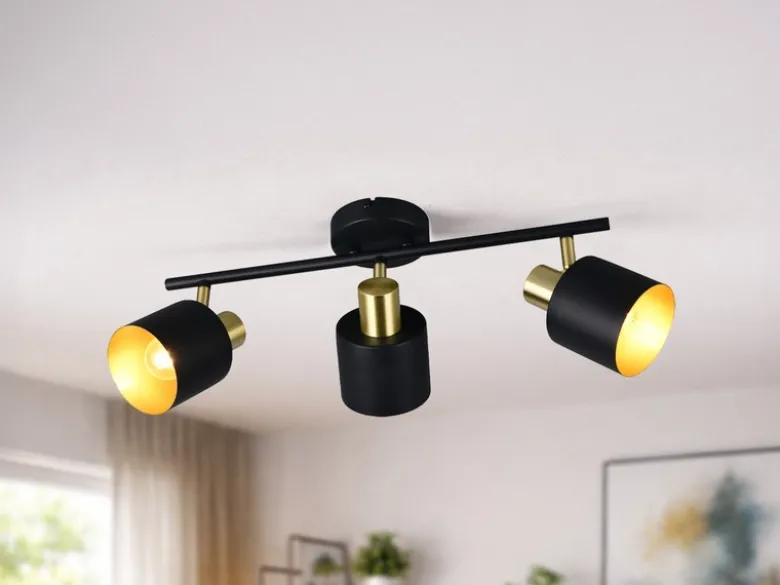 Retro Deckenstrahler EVA 3-flammig aus Metall Schwarz Gold, Breite 53,5cm