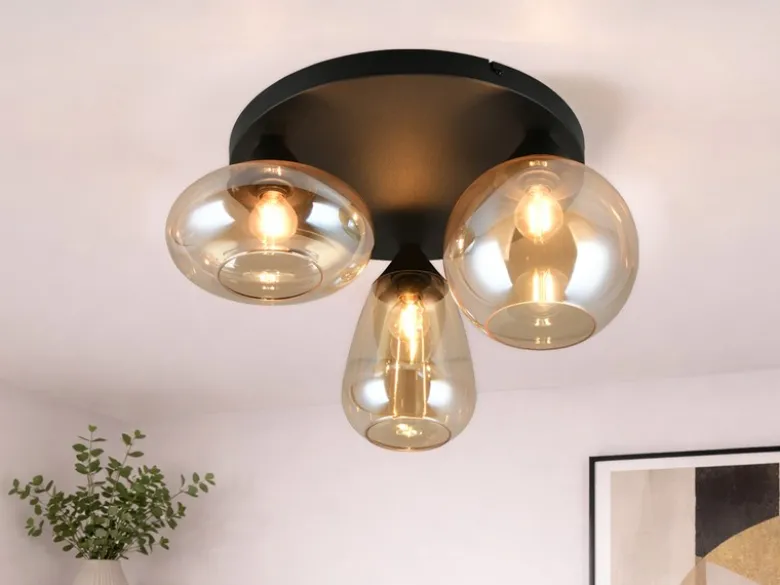 Retro LED Deckenleuchte mit 3 Glasschirmen Amberfarbig Ø 48,5cm