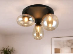 Retro LED Deckenleuchte mit 3 Glasschirmen Amberfarbig Ø 48,5cm