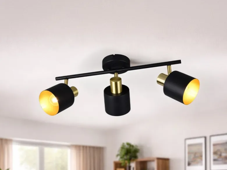 Retro LED Deckenstrahler 3-flammig aus Metall Schwarz Gold, Breite 53,5cm