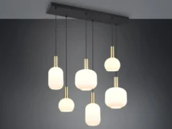 Retro LED Pendelleuchte 6-flammig mit Glasschirmen in Weiß, Breite 92cm